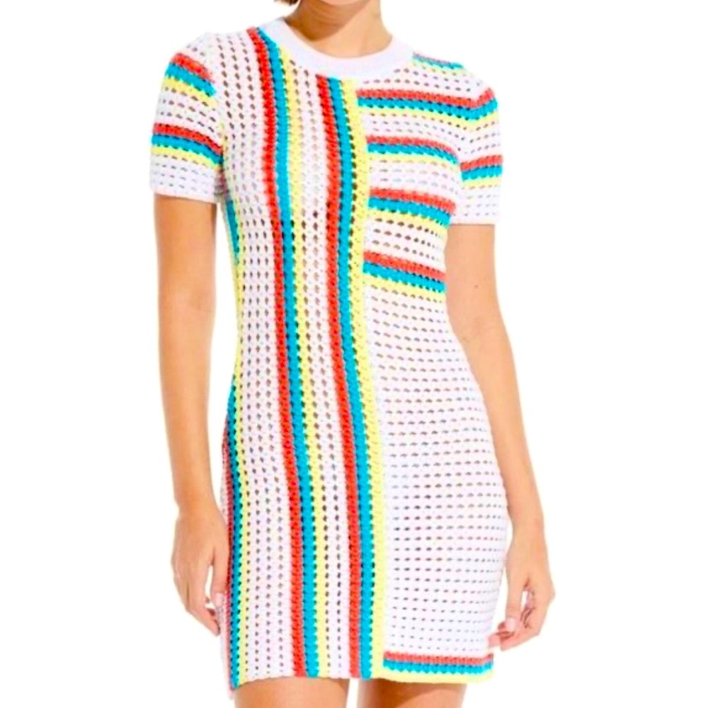 Solid & Striped Mini Dress Beach Cover Up Crochet Vertical Stripe